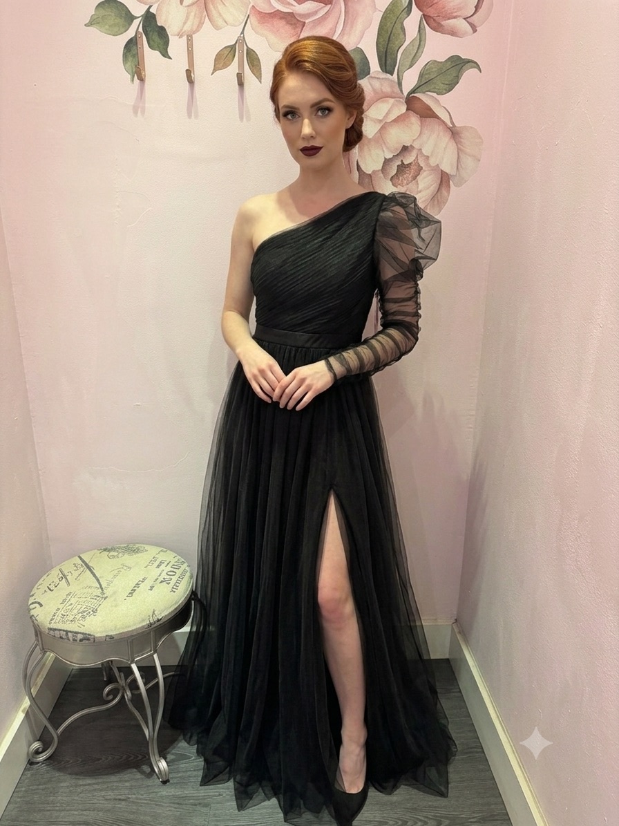 Black One-Shoulder Tulle Evening Gown With Sheer Puff Sleeve